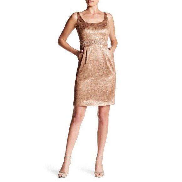 Carmen Marc Valvo Metallic Bronze Jacquard Sheath Midi Dress Sz 4 New $680